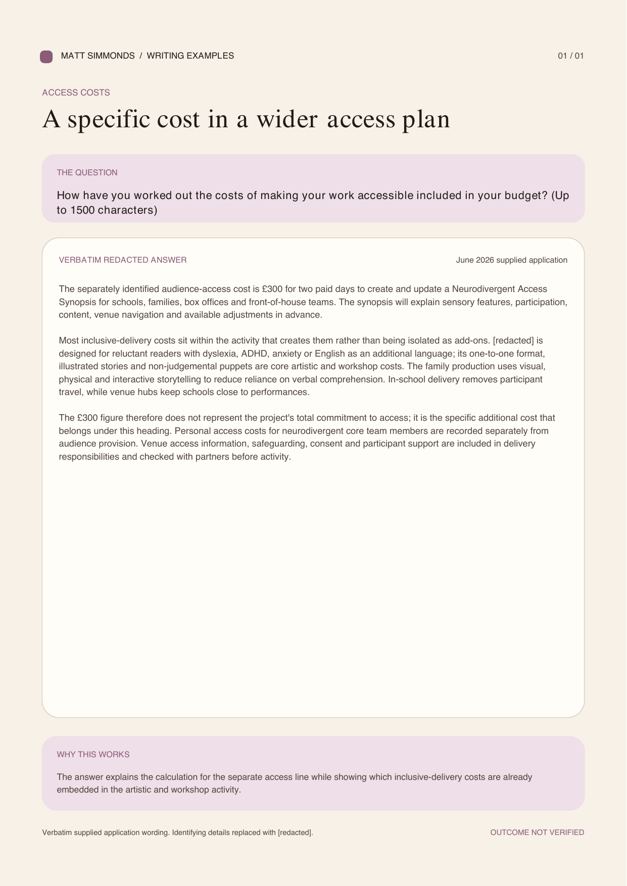 Verbatim redacted access costs writing sample