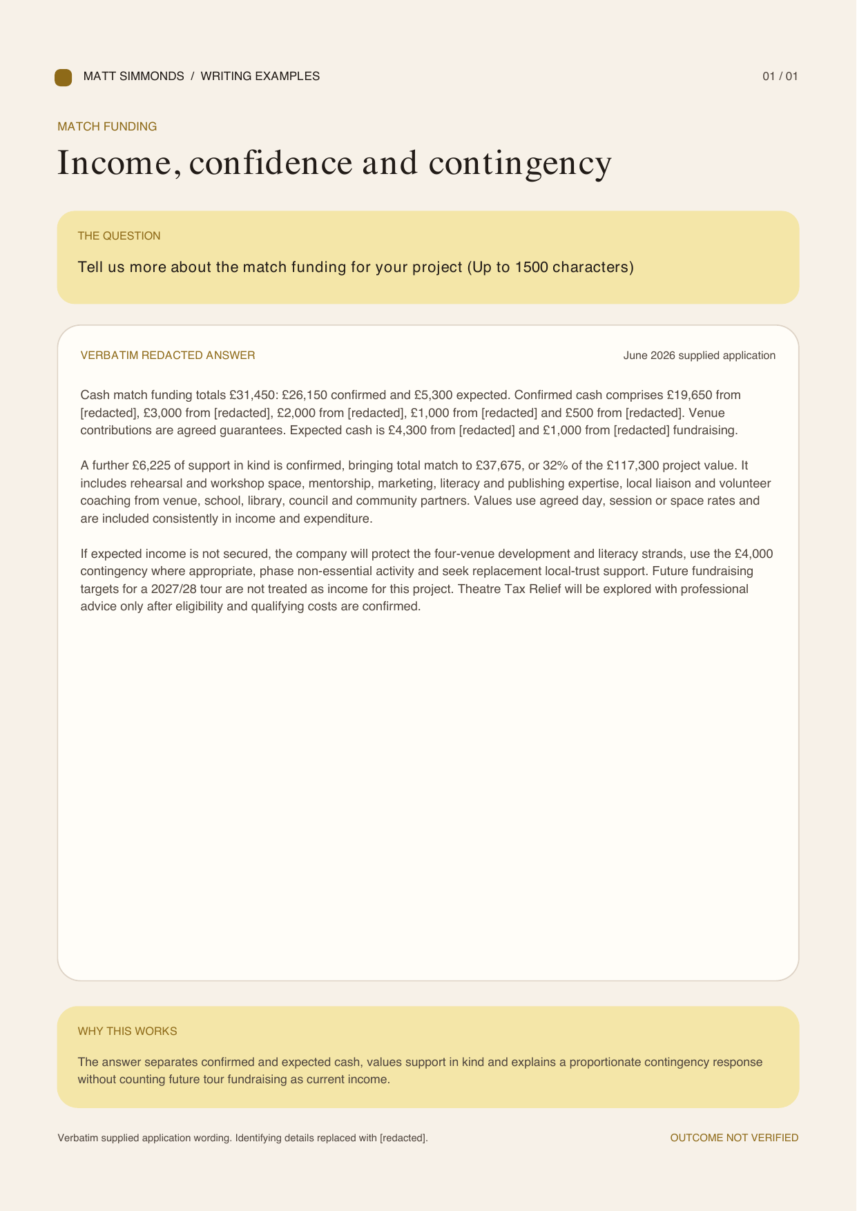 Verbatim redacted match funding writing sample