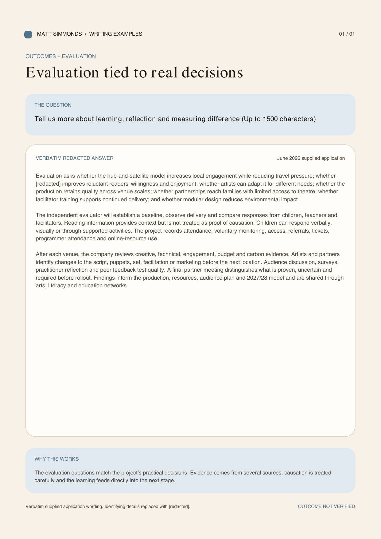 Verbatim redacted outcomes and evaluation writing sample